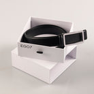 Black EGO7 Elegance leather belt in product packaging