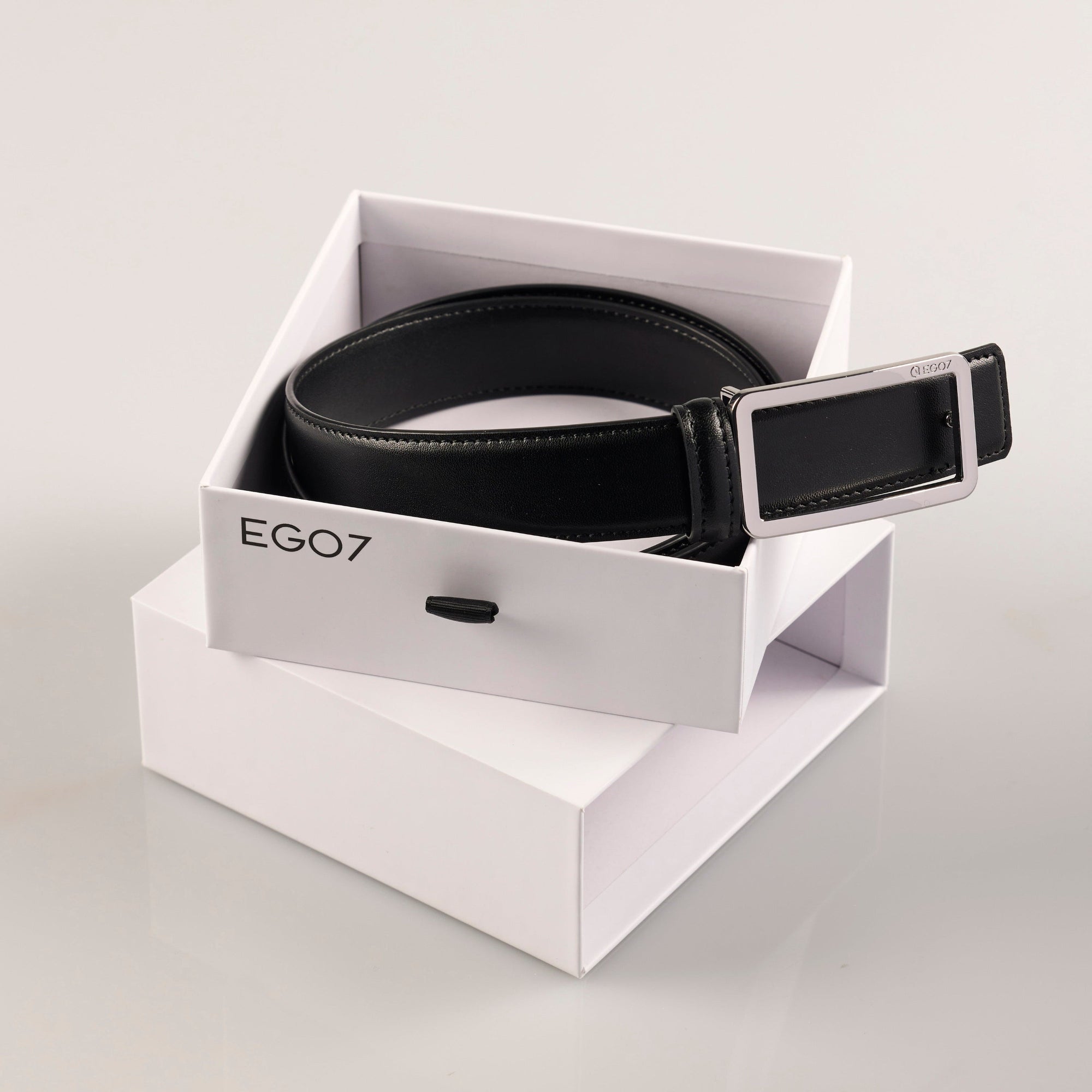Black EGO7 Elegance leather belt in product packaging