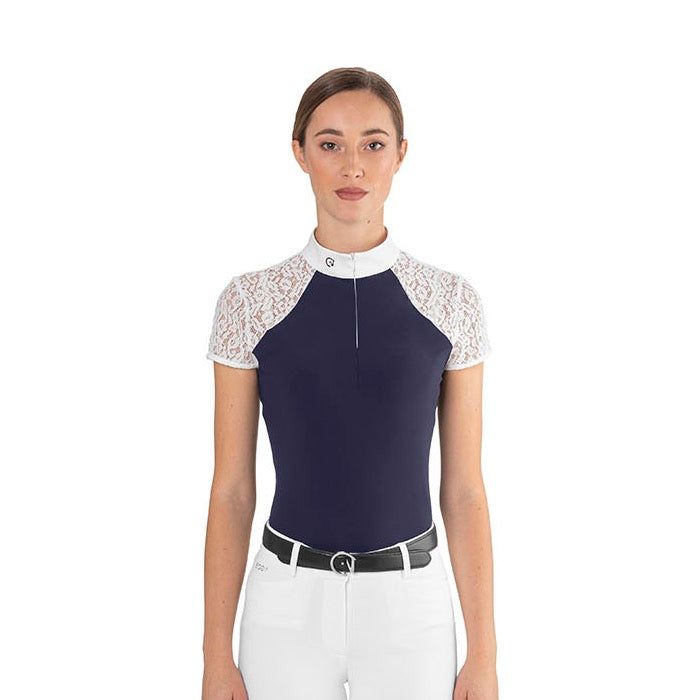 EGO7 Florentine Women's Short Sleeve Show Shirt - Navy/White, front close-up | Malvern Saddlery