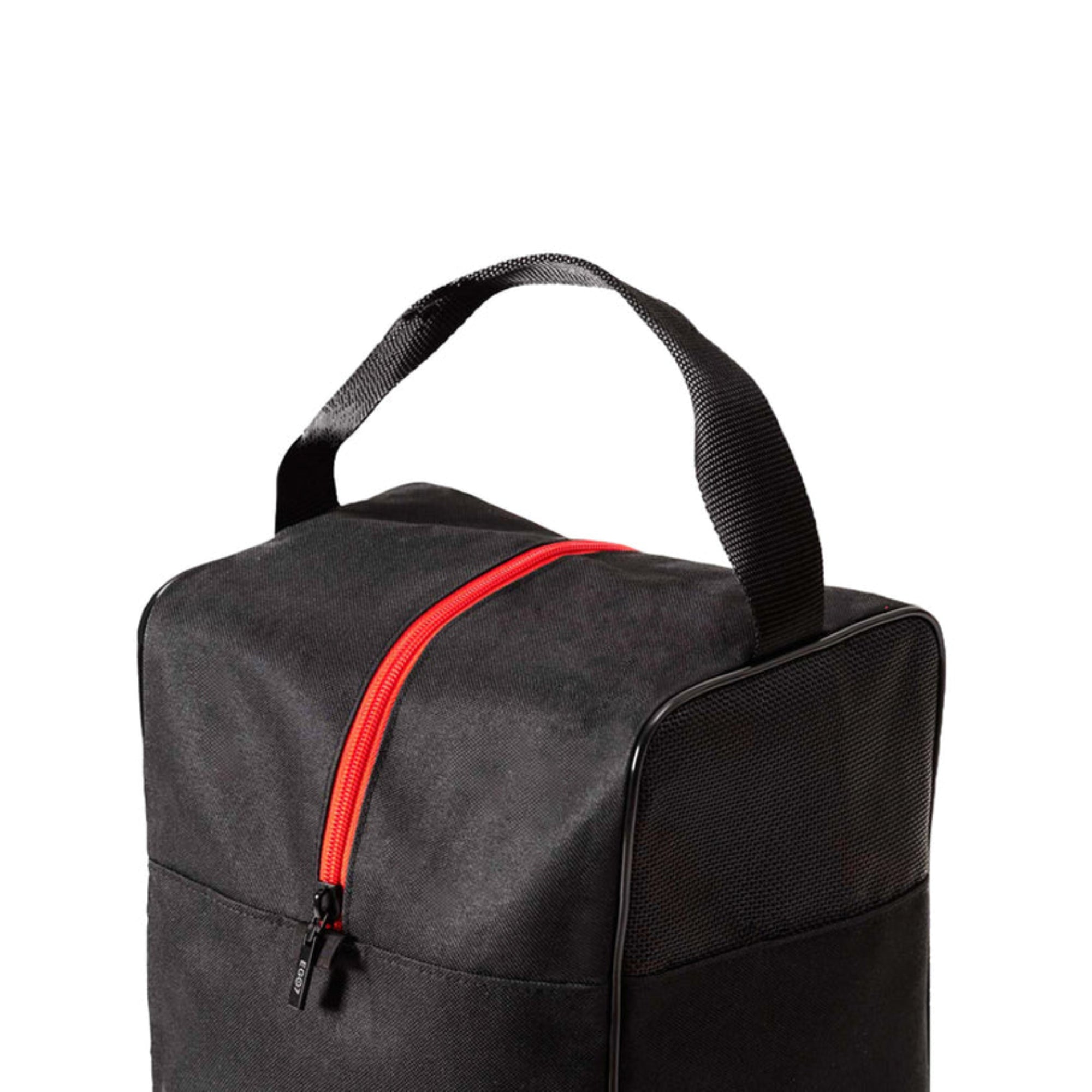 Close-up of the top handle and red zip closure on the black EGO7 Horse Head tall boot bag.