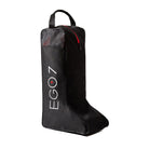 Black EGO7 Horse Head tall riding boot bag with top carry handle and red zip accents.