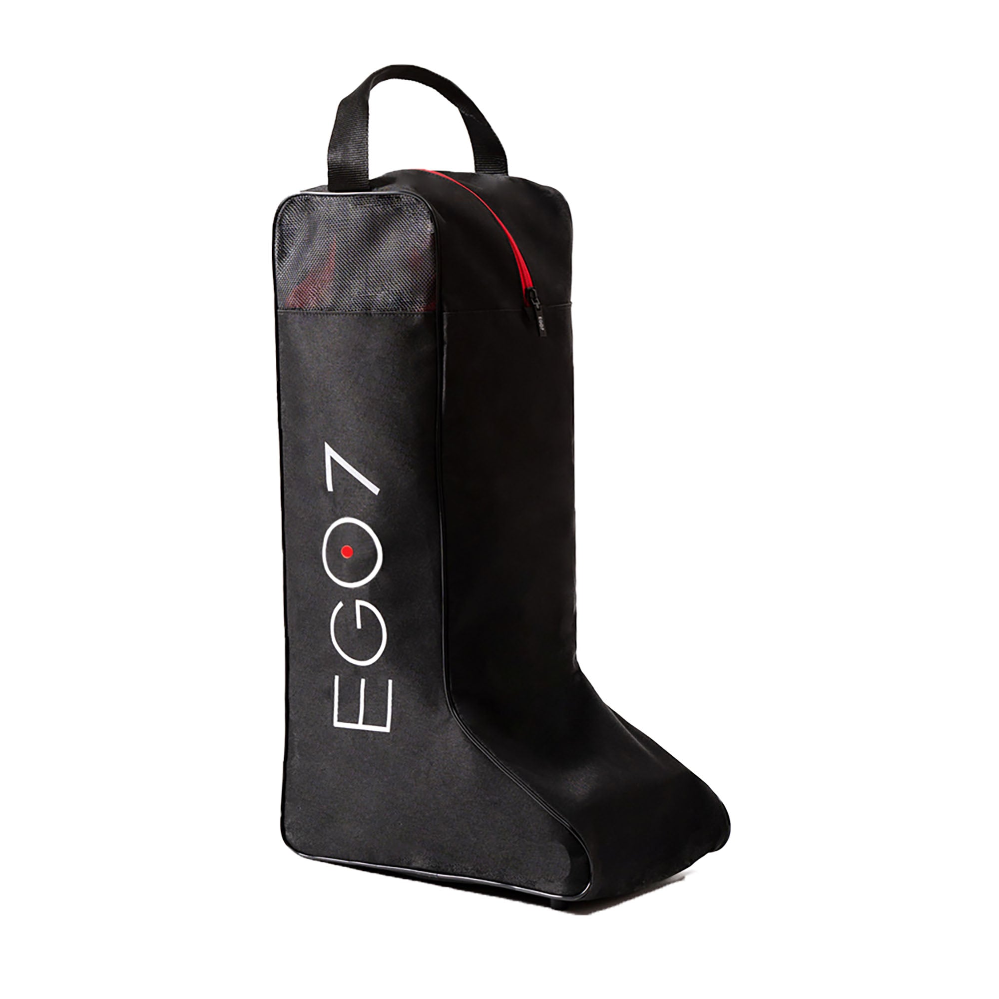 Black EGO7 Horse Head tall riding boot bag with top carry handle and red zip accents.