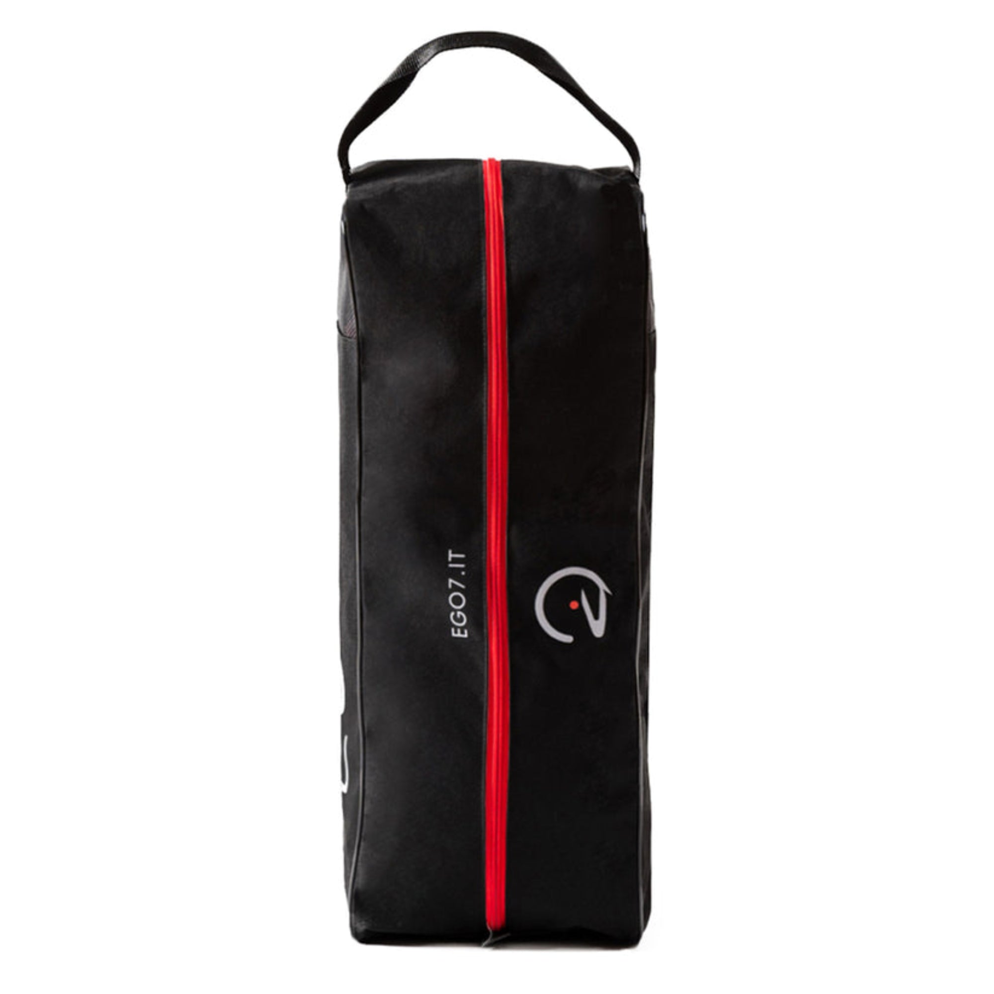 Back view of black EGO7 Horse Head tall boot bag showing red full-length zipper and white logo.