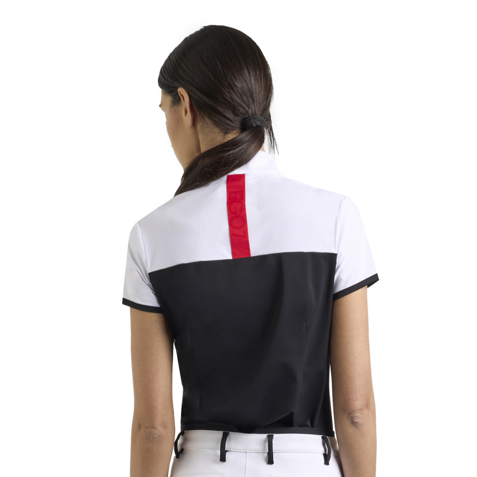 Back view of a woman wearing the black and white EGO7 Mathilde Women's Short Sleeve Show Shirt featuring red back tape detail
