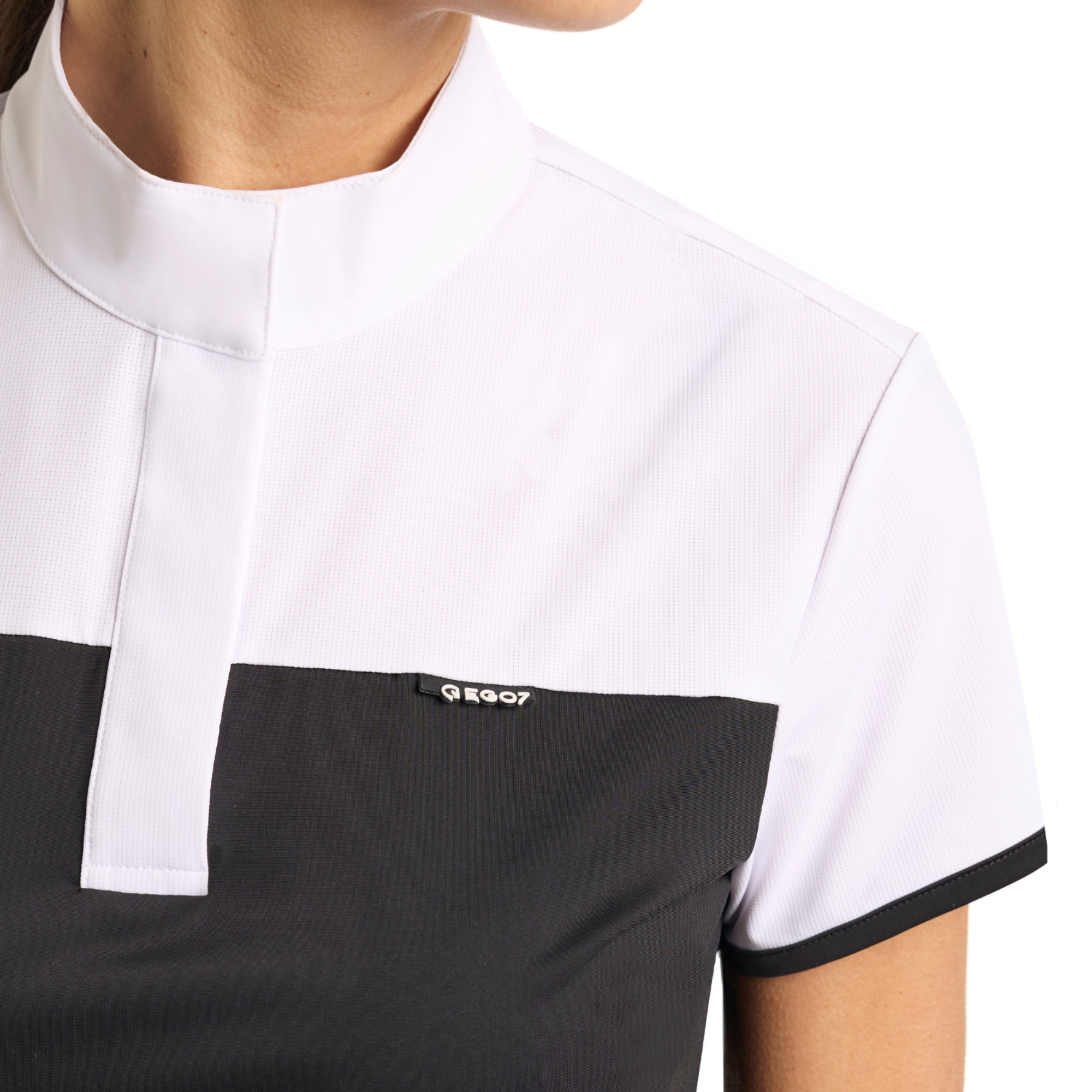 Close-up view of the EGO7 Mathilde Women's Short Sleeve Show Shirt collar and chest detail in black and white