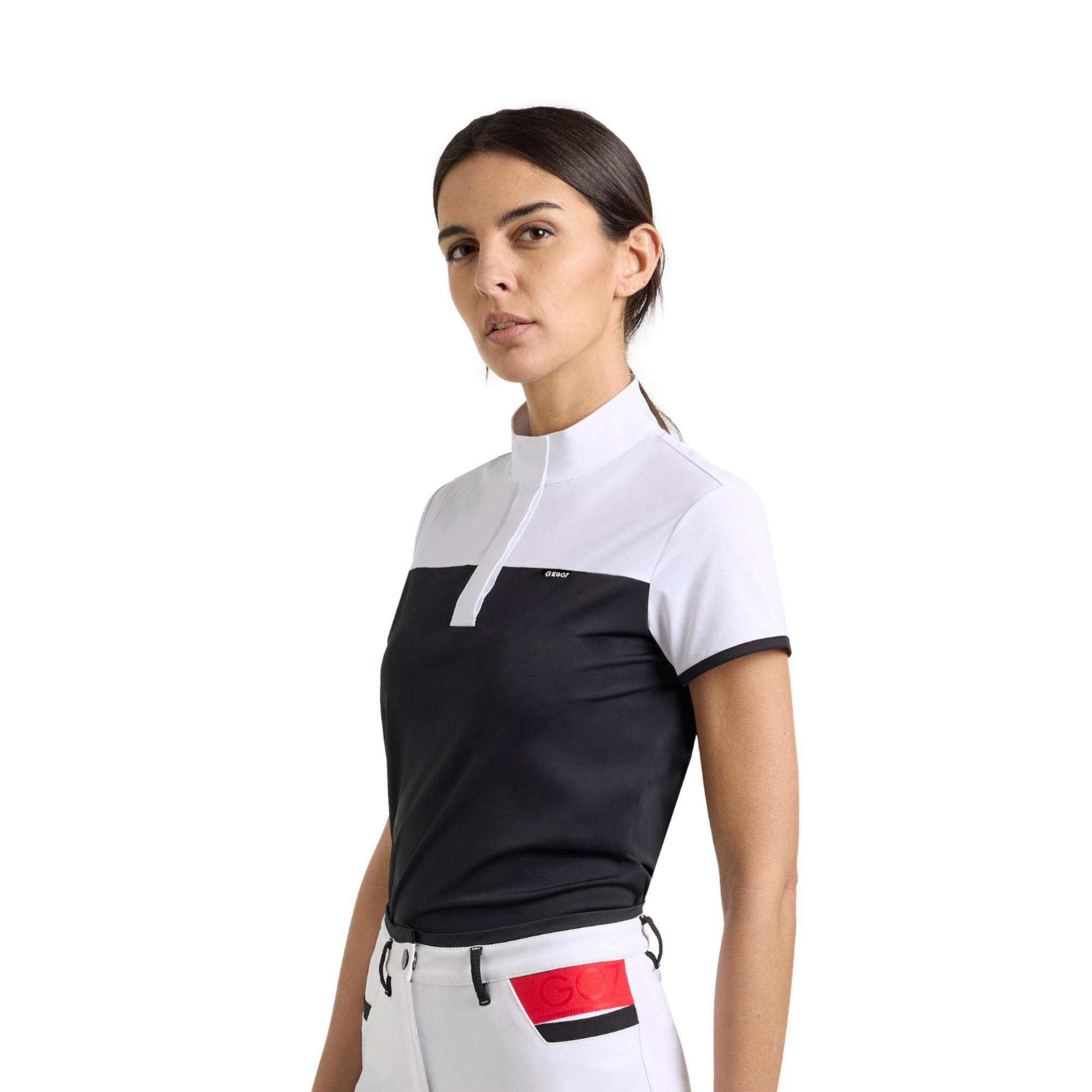 Woman wearing the black and white EGO7 Mathilde Women's Short Sleeve Show Shirt