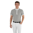 Male model wearing the EGO7 Men's Short Sleeve Show Shirt in Ice Grey with contrast white collar and placket