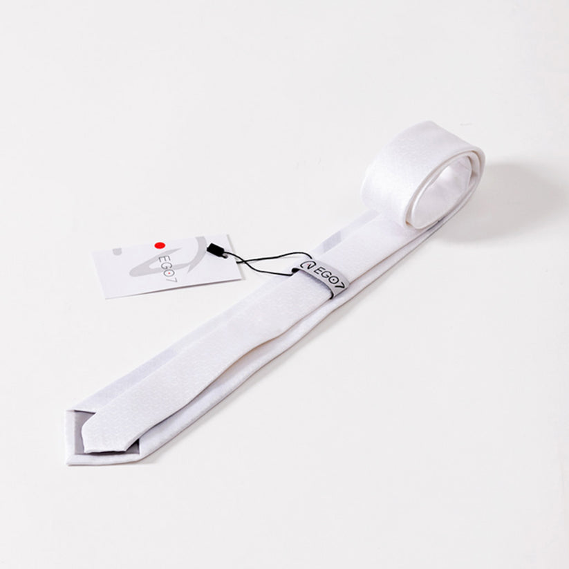 Rolled white EGO7 men's equestrian show tie with attached brand hangtag displaying the EGO7 logo.