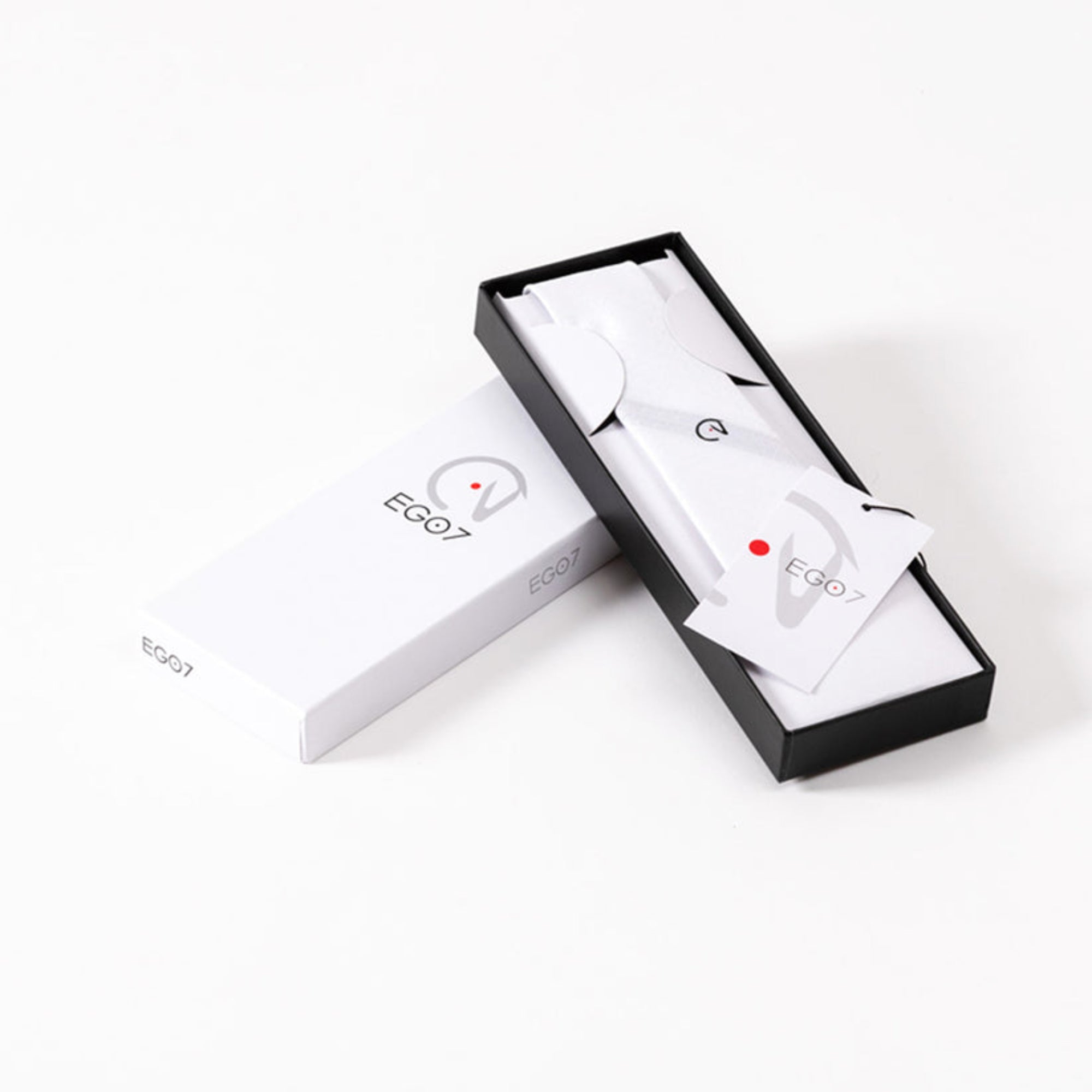 White EGO7 men's equestrian horse head show tie packaged in a black presentation box with EGO7 brand tag and white gift box.