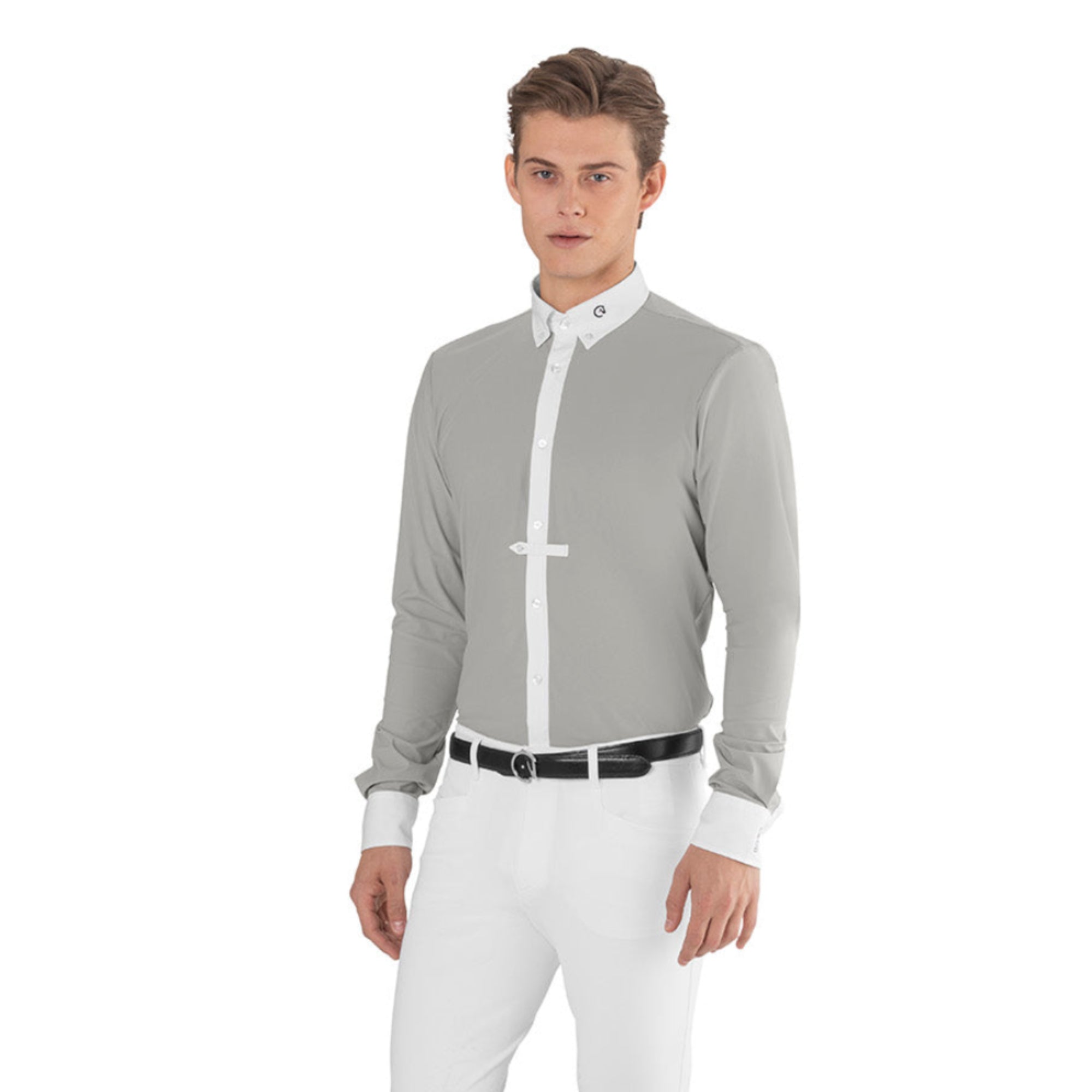 Front view of EGO7 men's long sleeve equestrian show shirt in Ice Grey with white collar and cuffs
