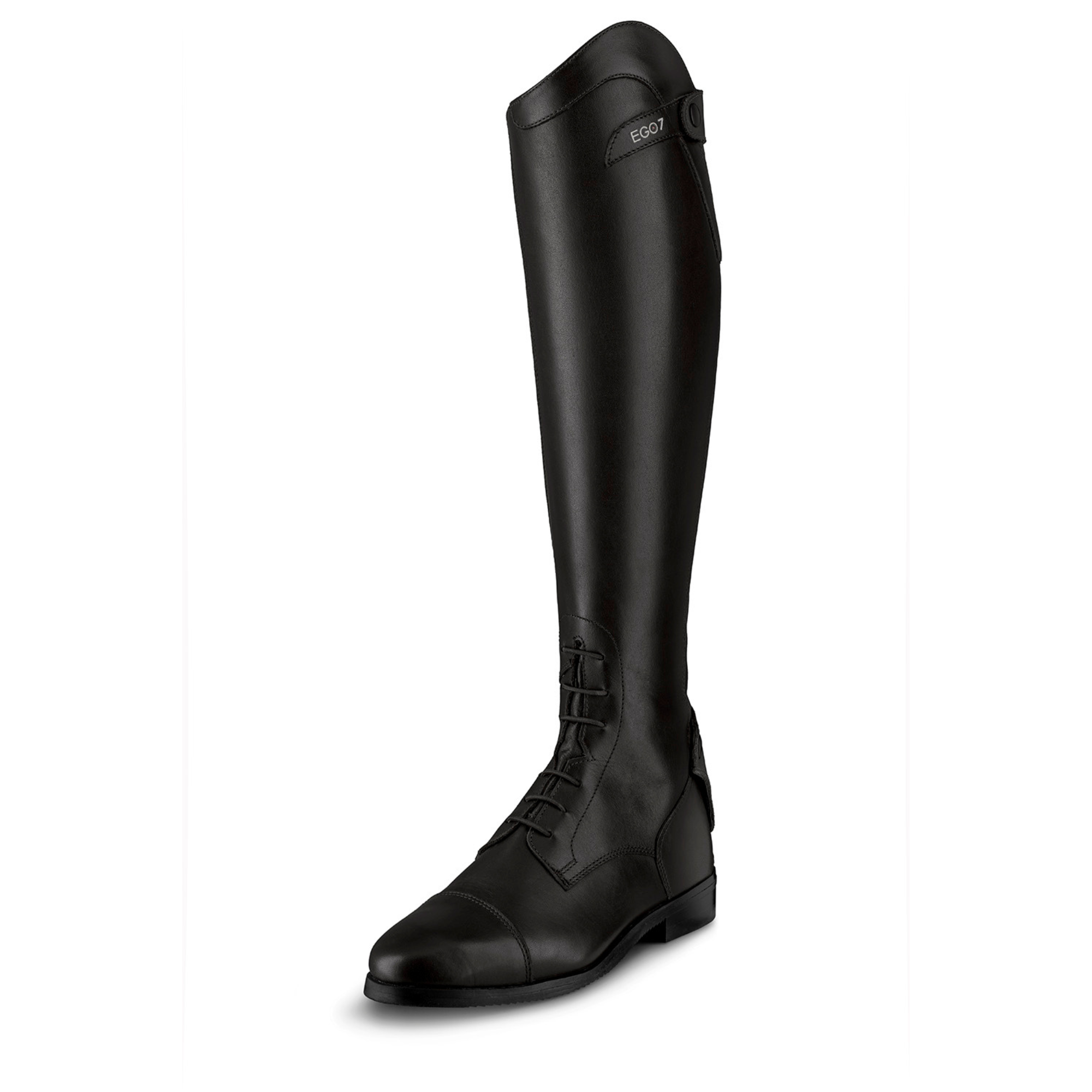 EGO7 Orion black leather field boot side profile view with front laces and E-Tex calf panel