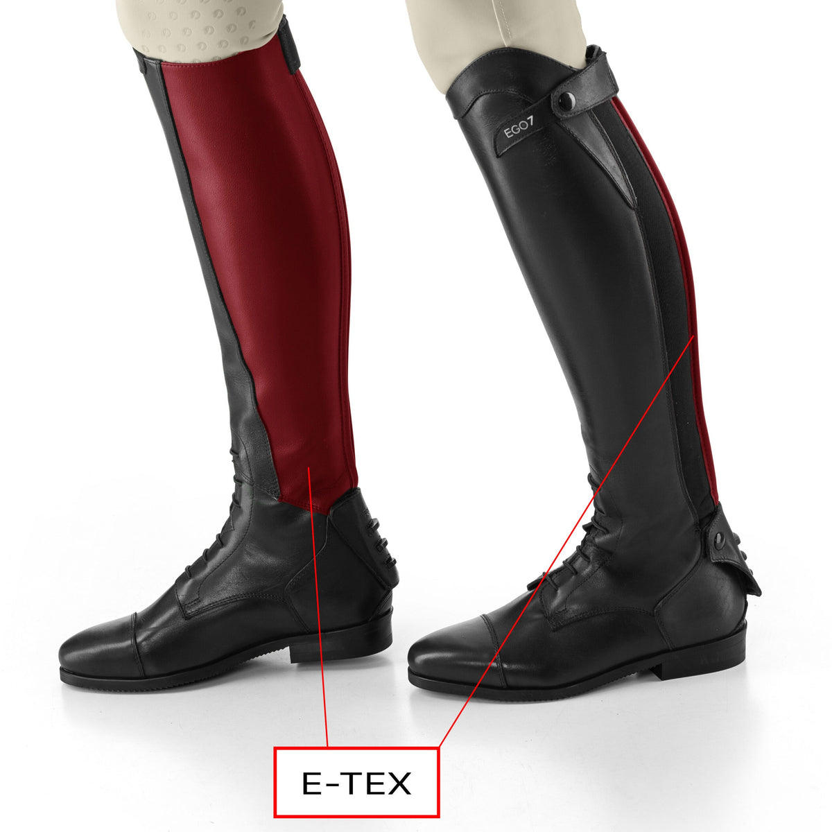 EGO7 Orion Field Boot - Black, E-Tex calf panels marked in red | Malvern Saddlery