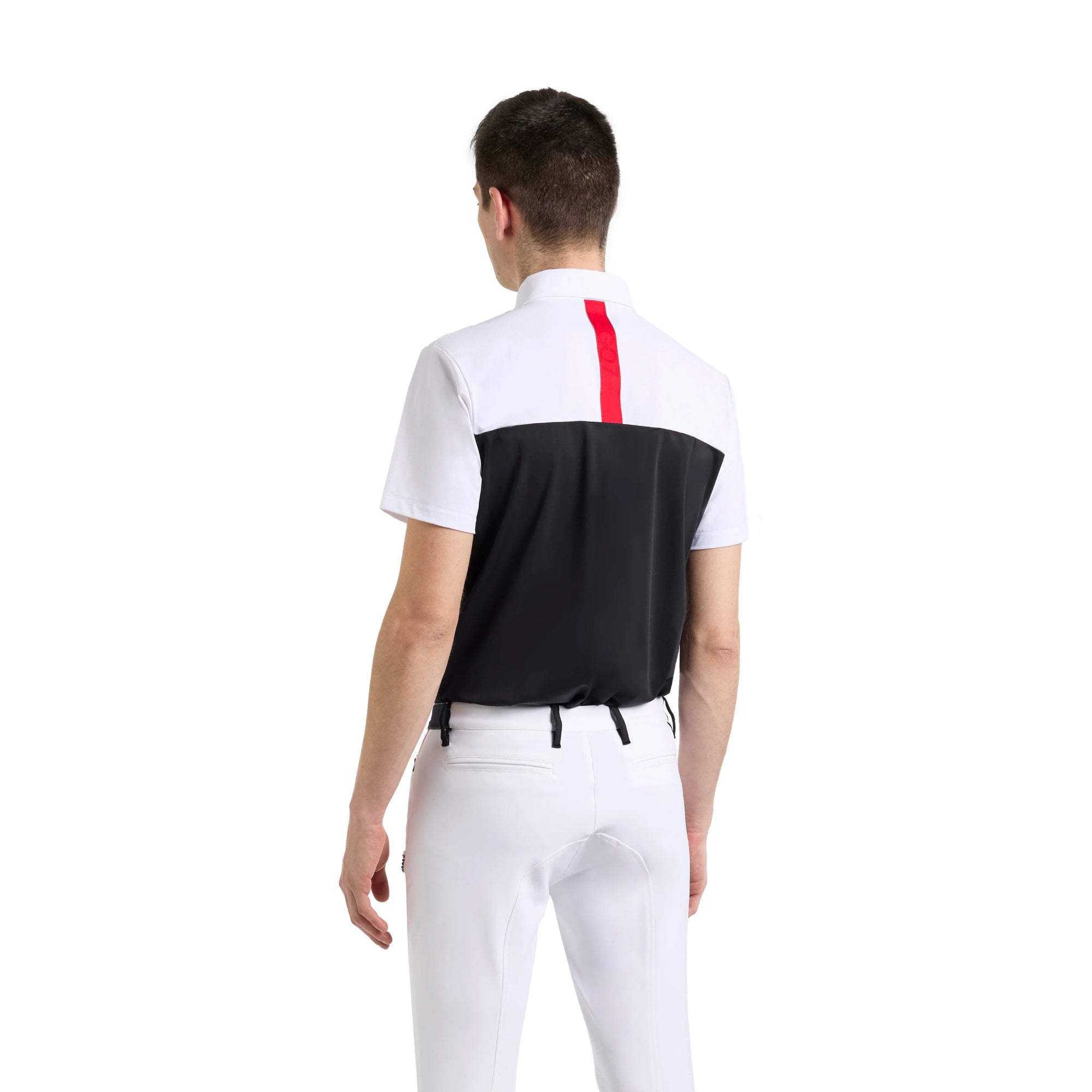 Back view of EGO7 Ray Men’s Short Sleeve Show Shirt in Black featuring white sleeves and red accent detail