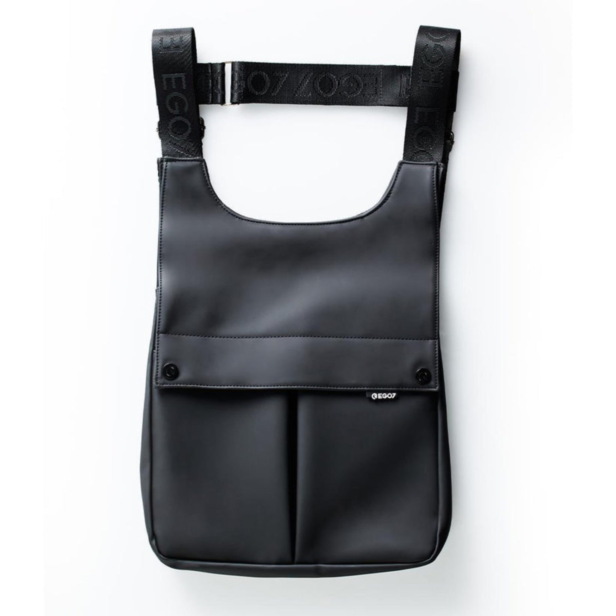 Front view of the black EGO7 Rosalie equestrian backpack featuring waterproof soft-touch fabric and front snap pockets