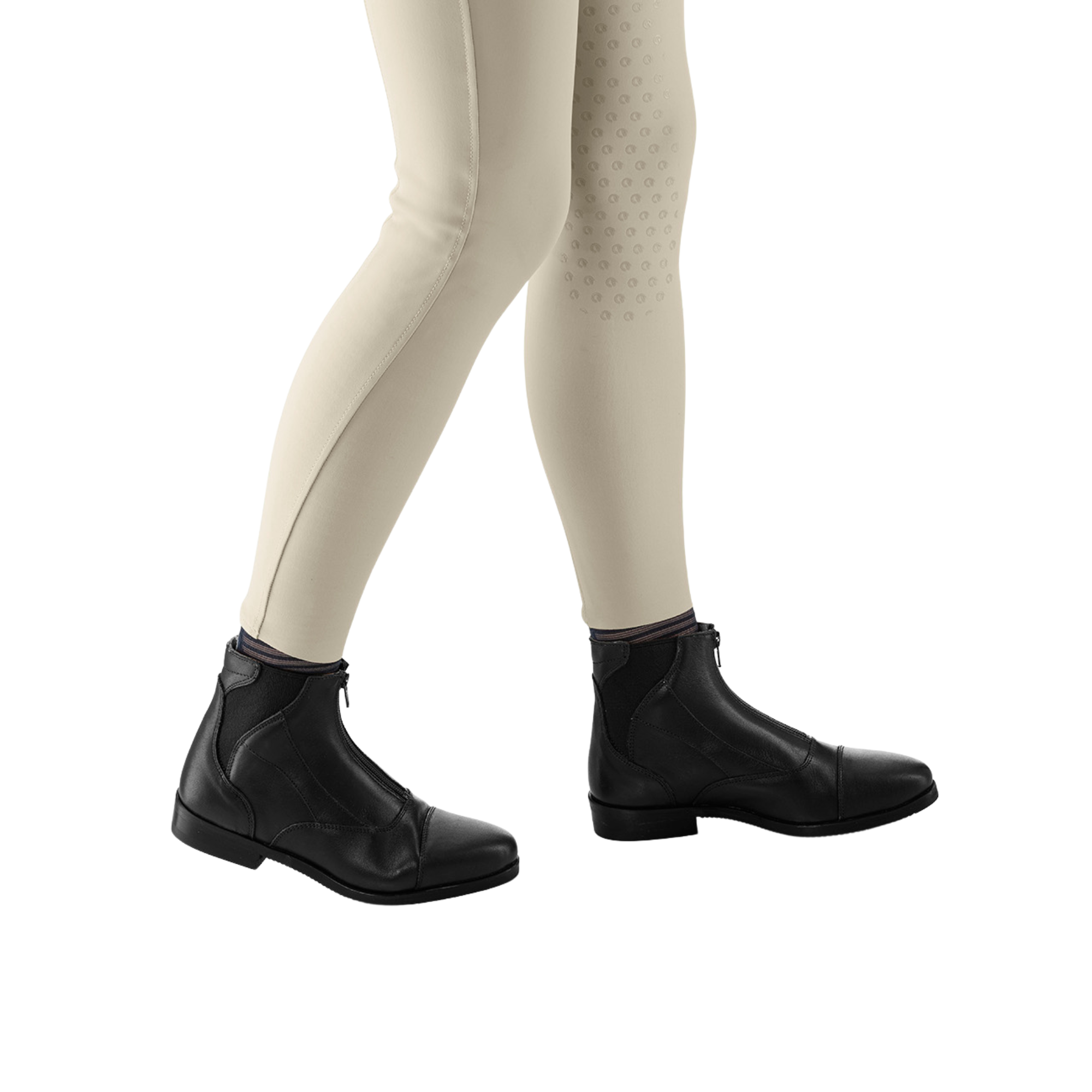 EGO7 Taurus black front-zip leather equestrian paddock boots worn with beige riding breeches, side profile view
