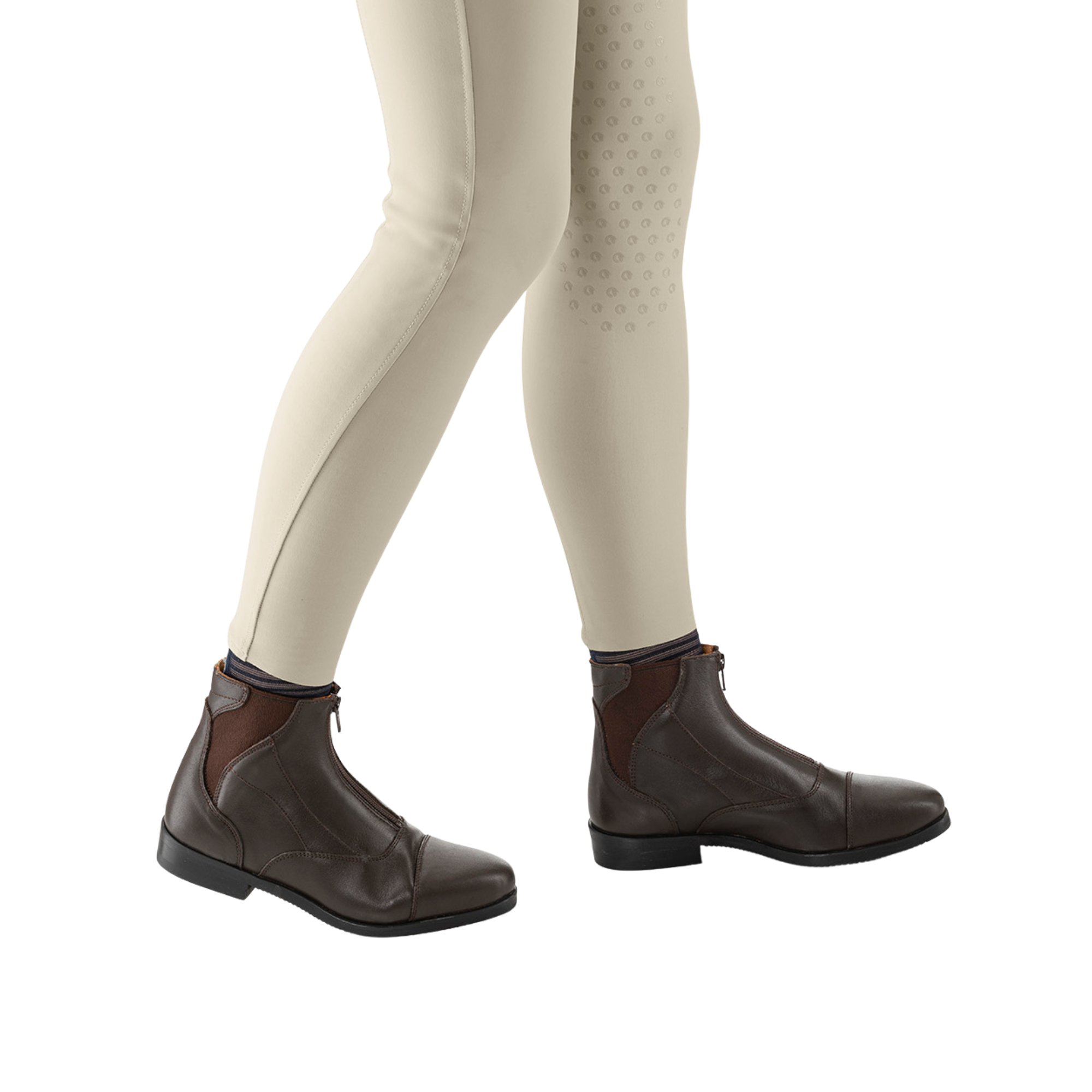 EGO7 Taurus brown front-zip leather equestrian paddock boots worn with beige riding breeches, side profile view