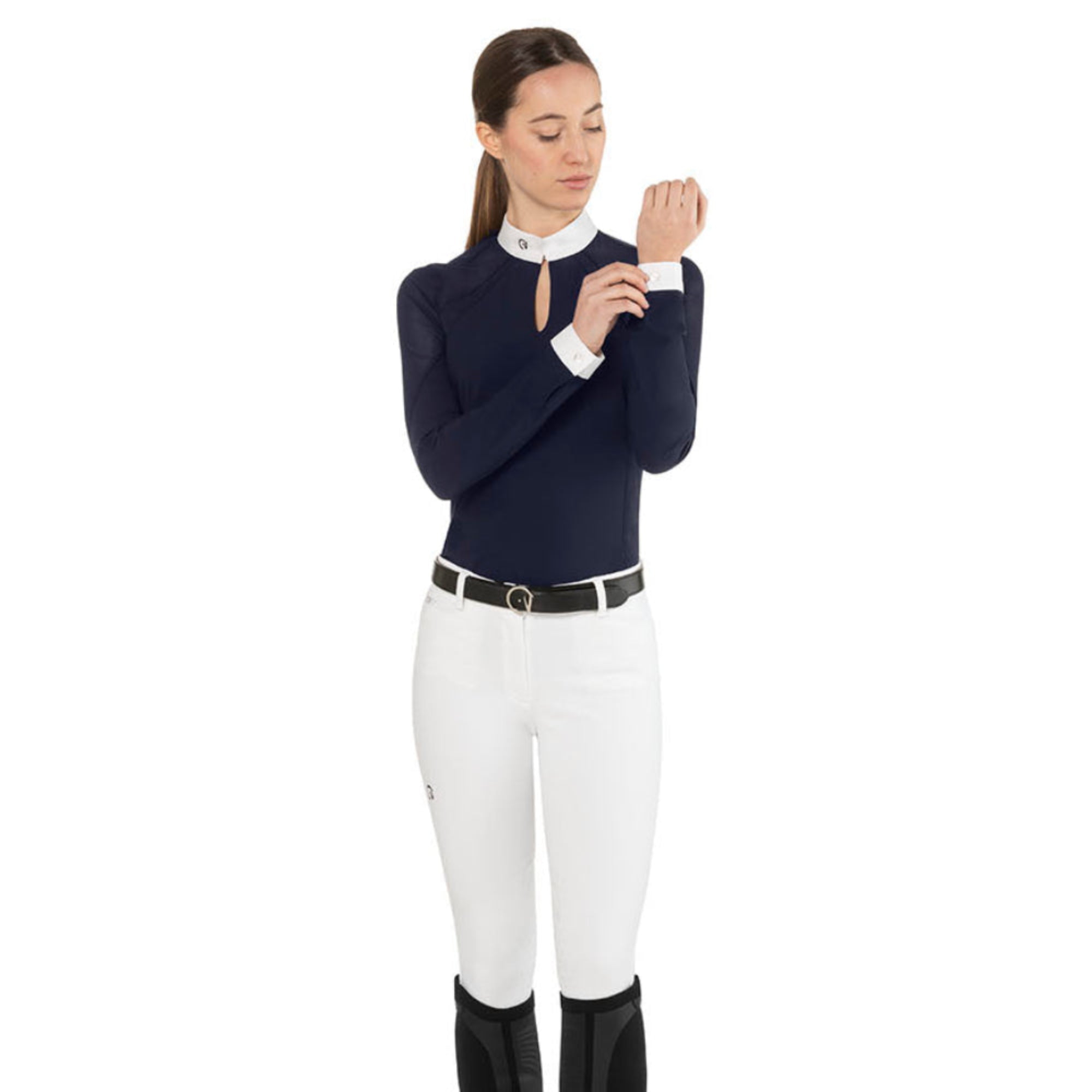 EGO7 Teresa Women's Long Sleeve Show Shirt in Navy paired with white riding breeches