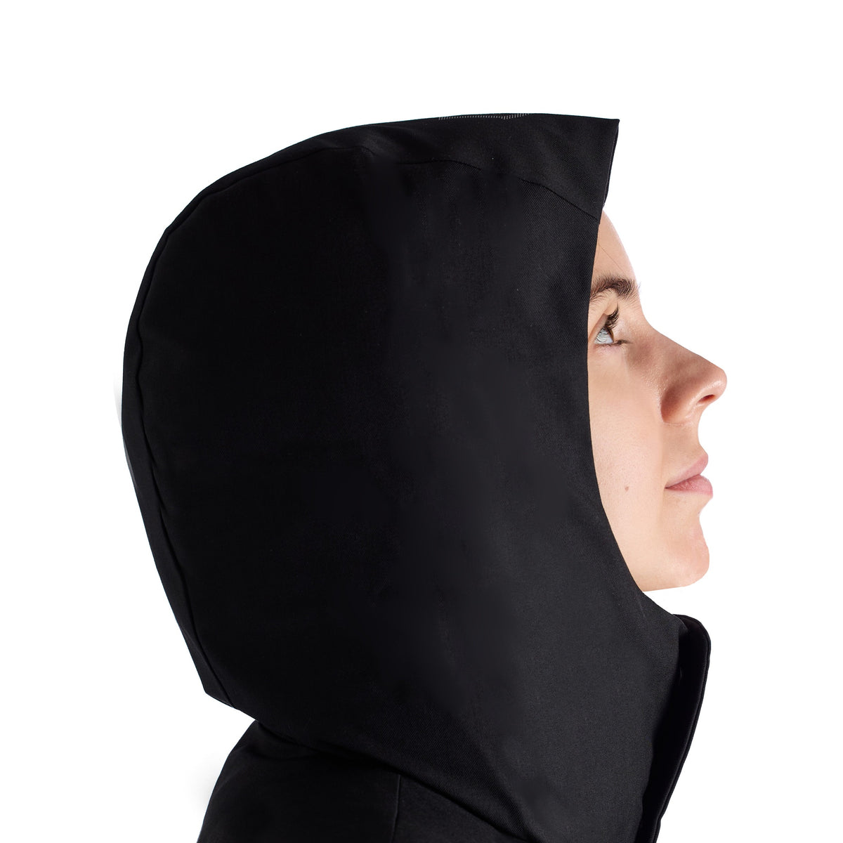 EGO7 Women's Vivienne Long Parka - Black, hood side view | Malvern Saddlery