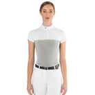 Front view of a female rider wearing the ice grey EGO7 Mesh Women's Short Sleeve Show Shirt with white mesh shoulders and stand-up collar.