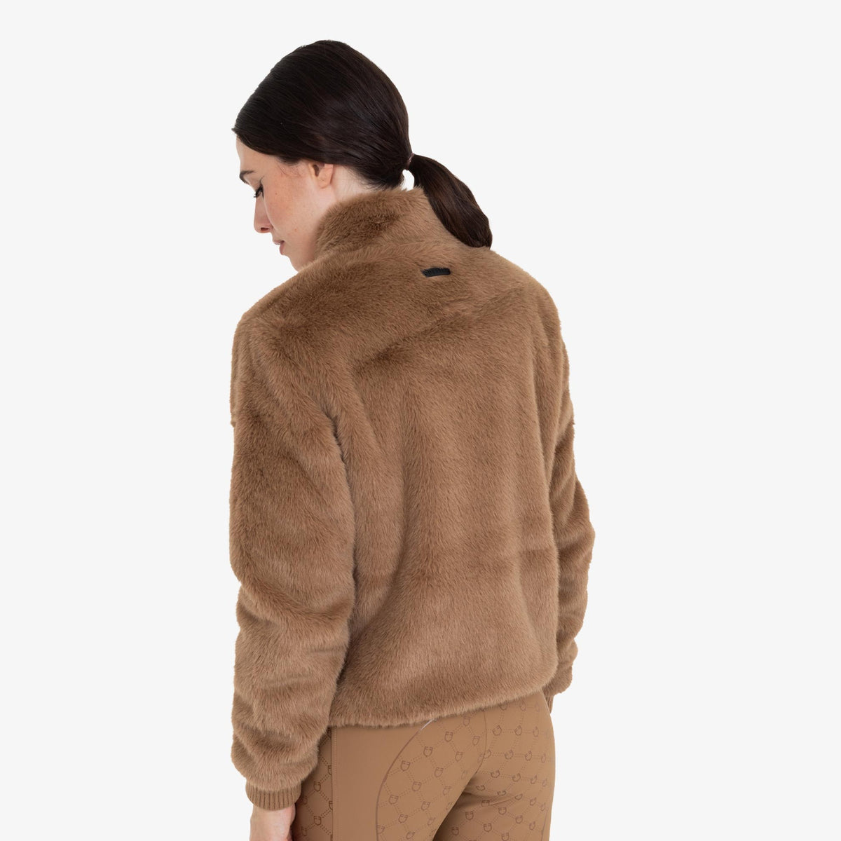 Equestro Women's Faux Fur Jacket in Tobacco Brown back view