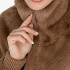 Equestro Women's Faux Fur Jacket in Tobacco Brown collar and zip close up