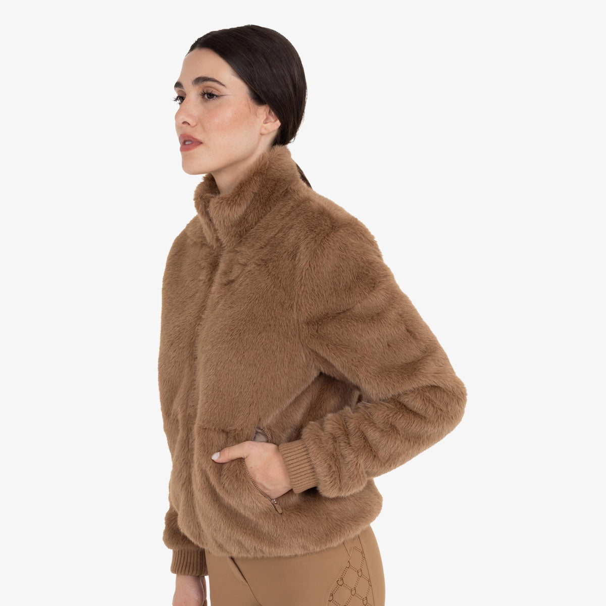 Equestro Women's Faux Fur Jacket in Tobacco Brown side view