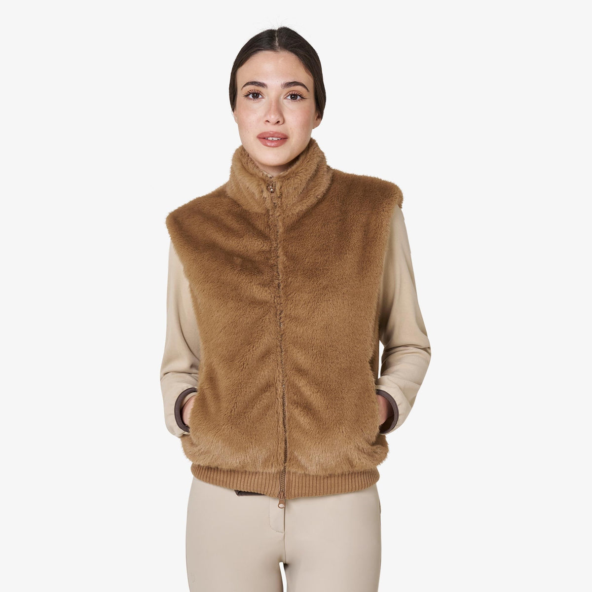 Equestro Women's Faux Fur Vest in Tobacco Brown front view
