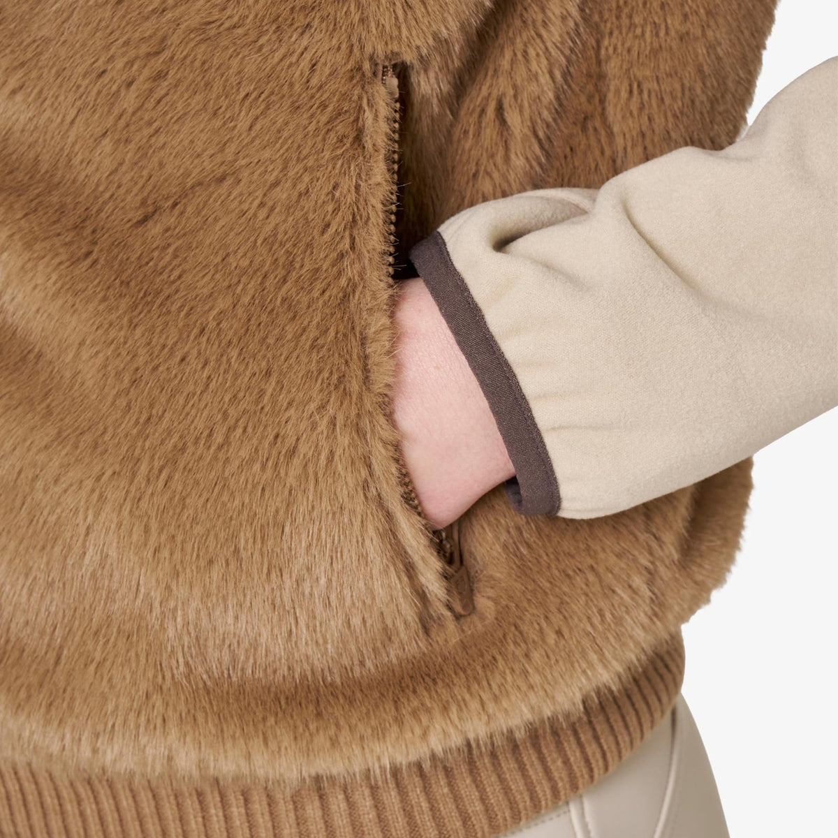 Equestro Women's Faux Fur Vest in Tobacco Brown side pocket close up