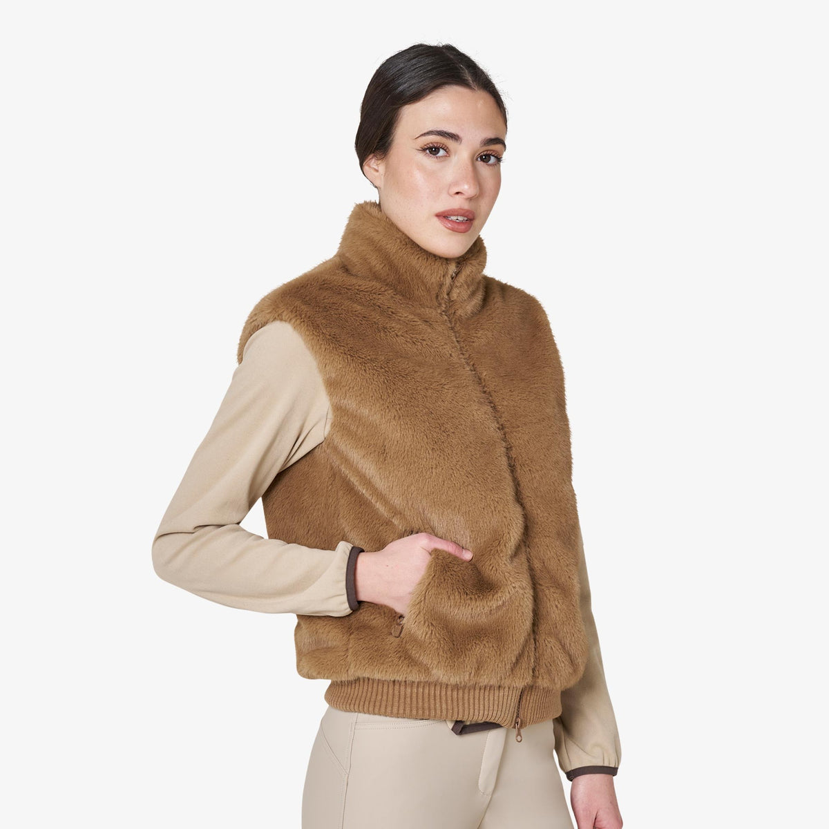Equestro Women's Faux Fur Vest in Tobacco Brown side view