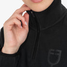 Equestro Women's High Neck Fleece 3/4 Zip Sweatshirt in Black collar and logo close up