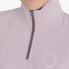 Equestro Women's High Neck Fleece 3/4 Zip Sweatshirt in Hushed Violet collar and logo close up