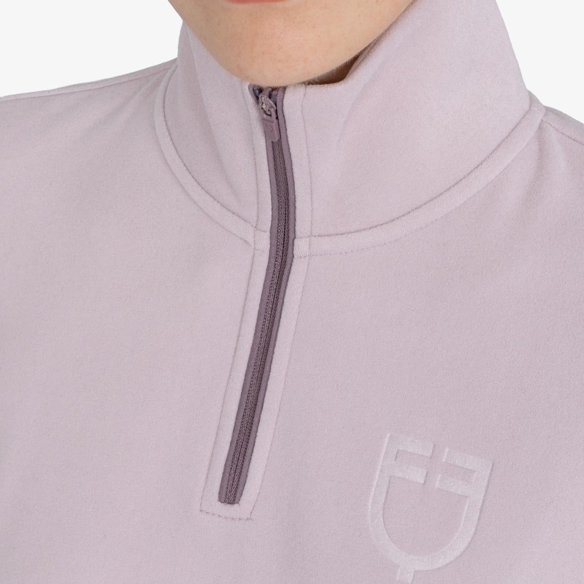 Equestro Women's High Neck Fleece 3/4 Zip Sweatshirt in Hushed Violet collar and logo close up