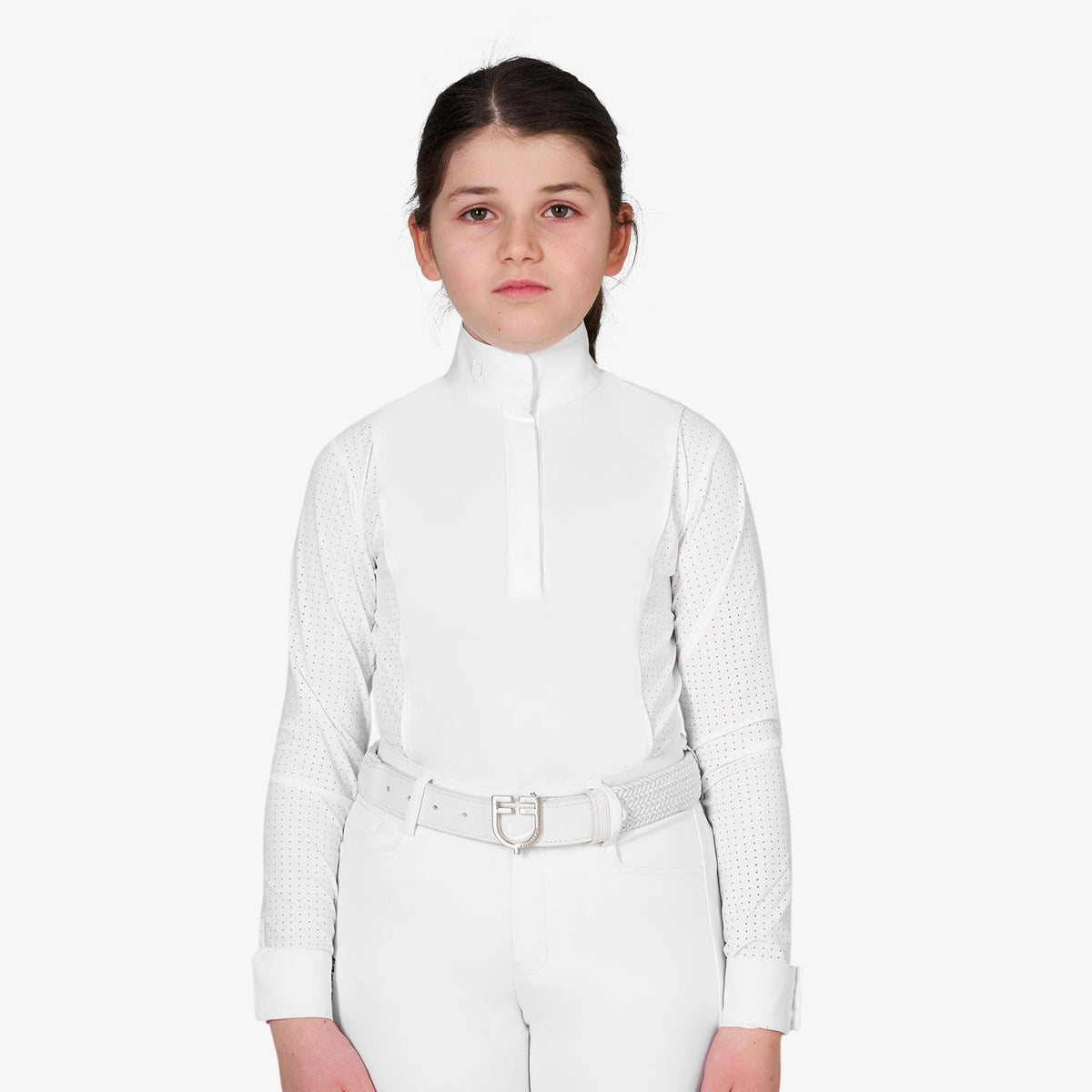 Equestro Girls' Long Sleeve Competition Polo in White front view