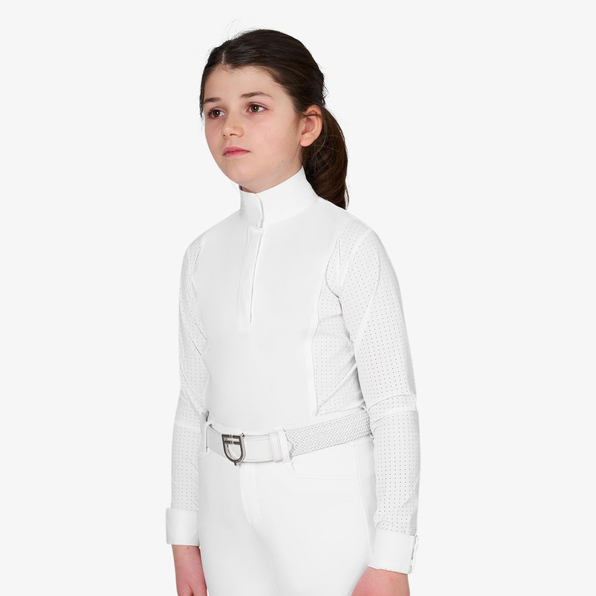 Equestro Girls' Long Sleeve Competition Polo in White side view