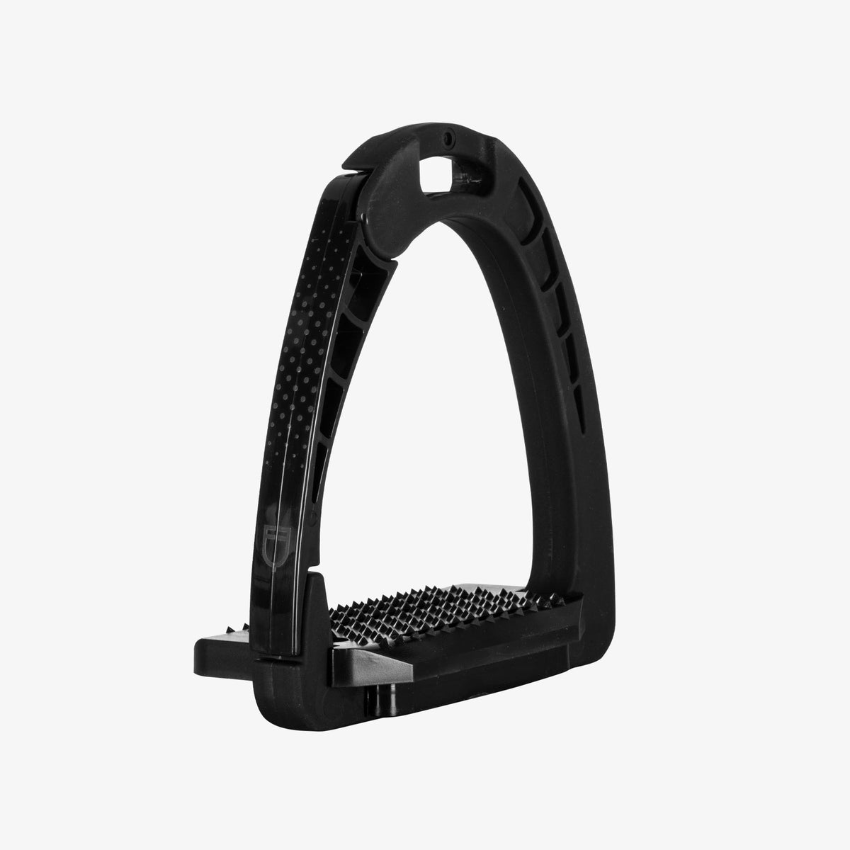 Equestro Junior Safety Stirrups in Total Black side opening angle