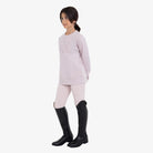 Equestro Kids' Unisex Crewneck Fleece Sweatshirt in Hushed Violet worn with riding boots