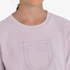Equestro Kids' Unisex Crewneck Fleece Sweatshirt in Hushed Violet embroidered logo close up