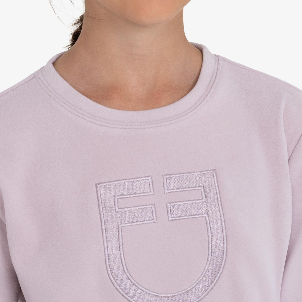 Equestro Kids' Unisex Crewneck Fleece Sweatshirt in Hushed Violet embroidered logo close up