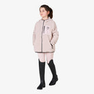 Equestro Kids' Unisex Teddy Fleece Zip Hoodie in Hushed Violet worn with riding boots