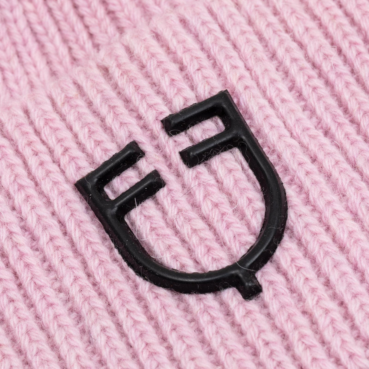 Equestro Unisex Knitted Wool Beanie in Hushed Violet logo close up
