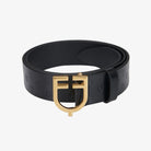 Equestro Leather Logo Belt with Logo Buckle - Black/Gold, front | Malvern Saddlery