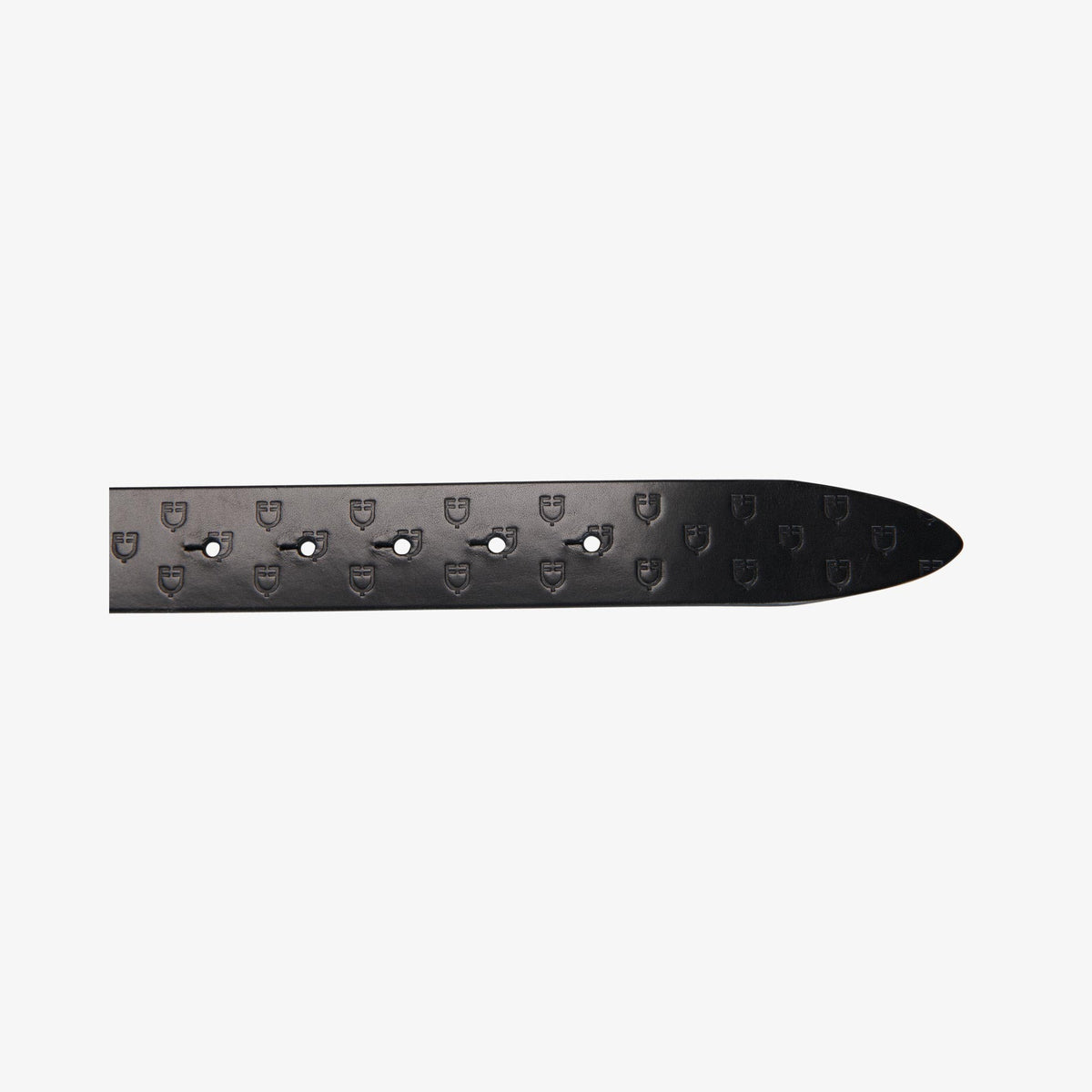 Equestro Leather Logo Belt with Logo Buckle - Black/Gold, belt tip with embossed logos | Malvern Saddlery