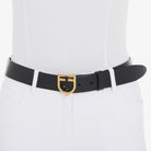 Equestro Leather Logo Belt with Logo Buckle - Black/Gold, worn with white breeches | Malvern Saddlery