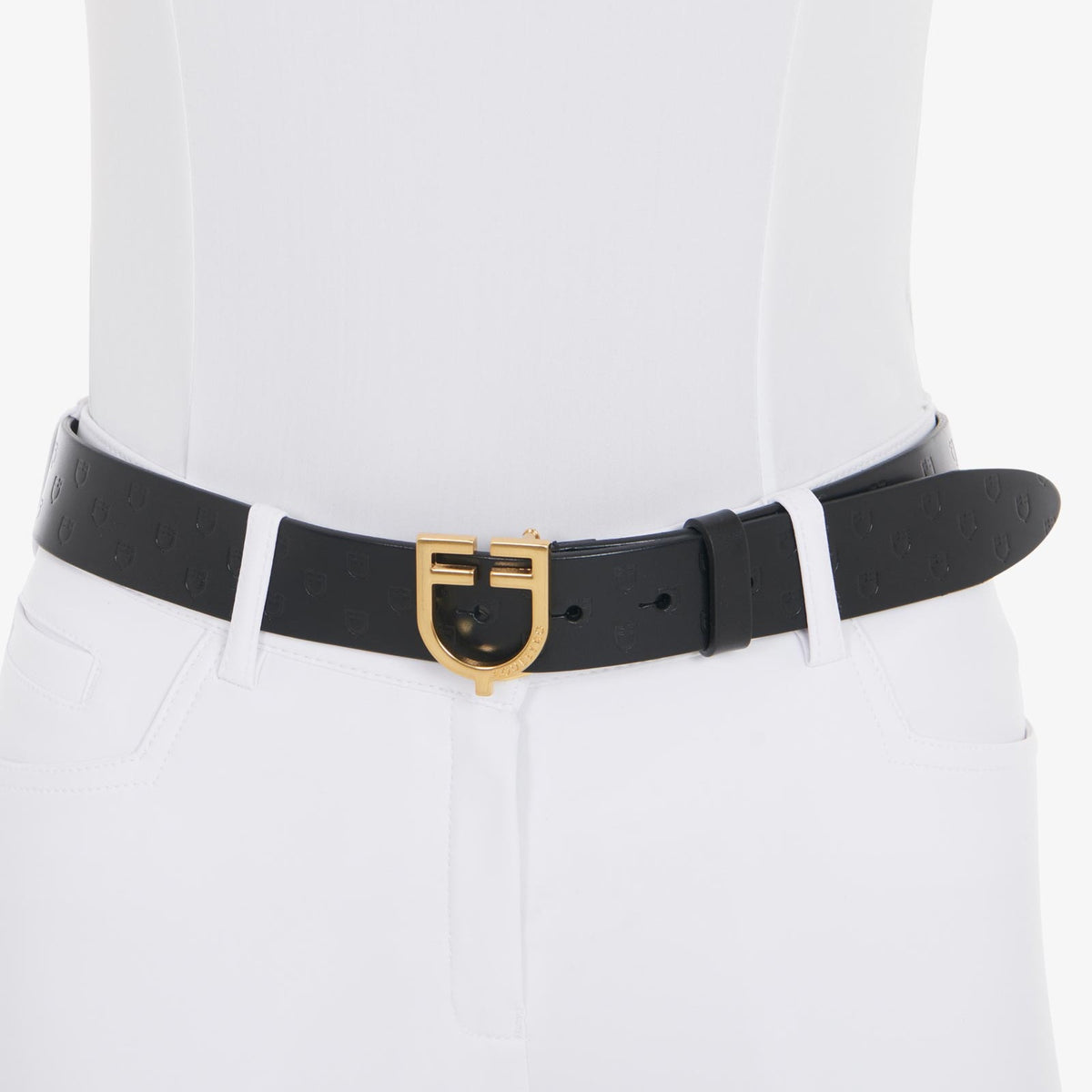 Equestro Leather Logo Belt with Logo Buckle - Black/Gold, worn with white breeches | Malvern Saddlery