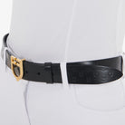 Equestro Leather Logo Belt with Logo Buckle - Black/Gold, worn, side view | Malvern Saddlery