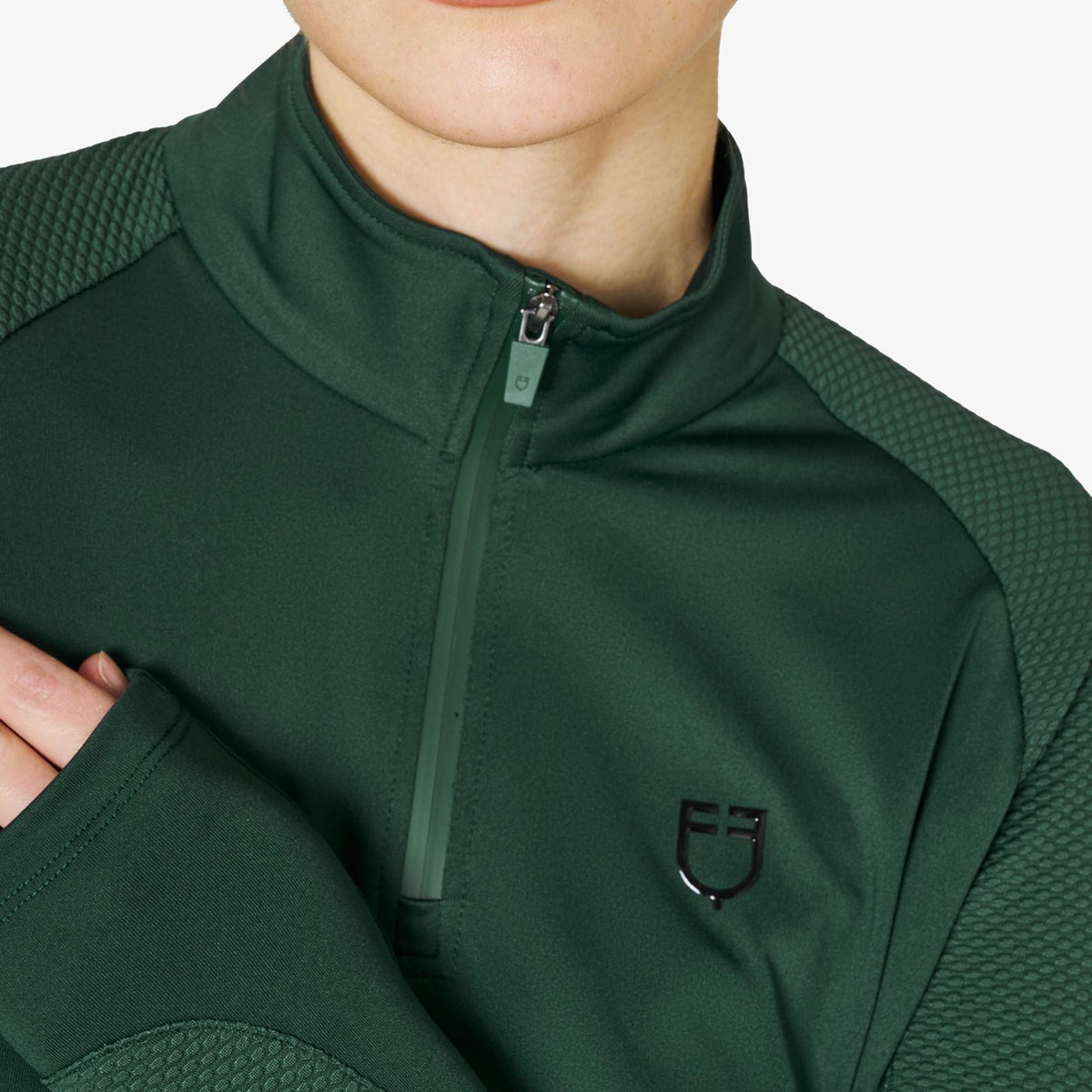 Equestro Women's Slim Fit Long Sleeve Base Layer in Pine Grove zip collar and logo close up