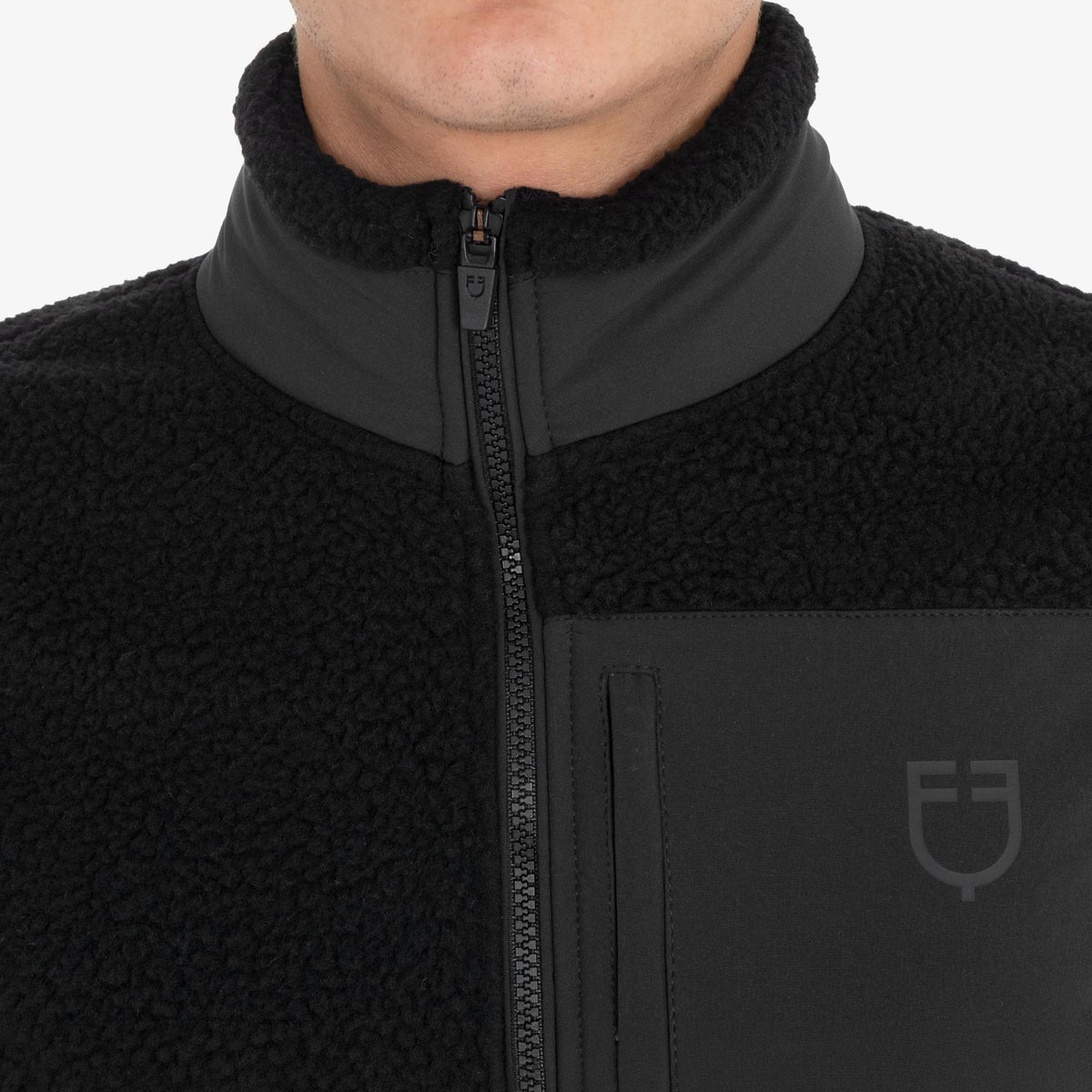 Equestro Men's Teddy Fleece Vest in Black collar and chest pocket close up