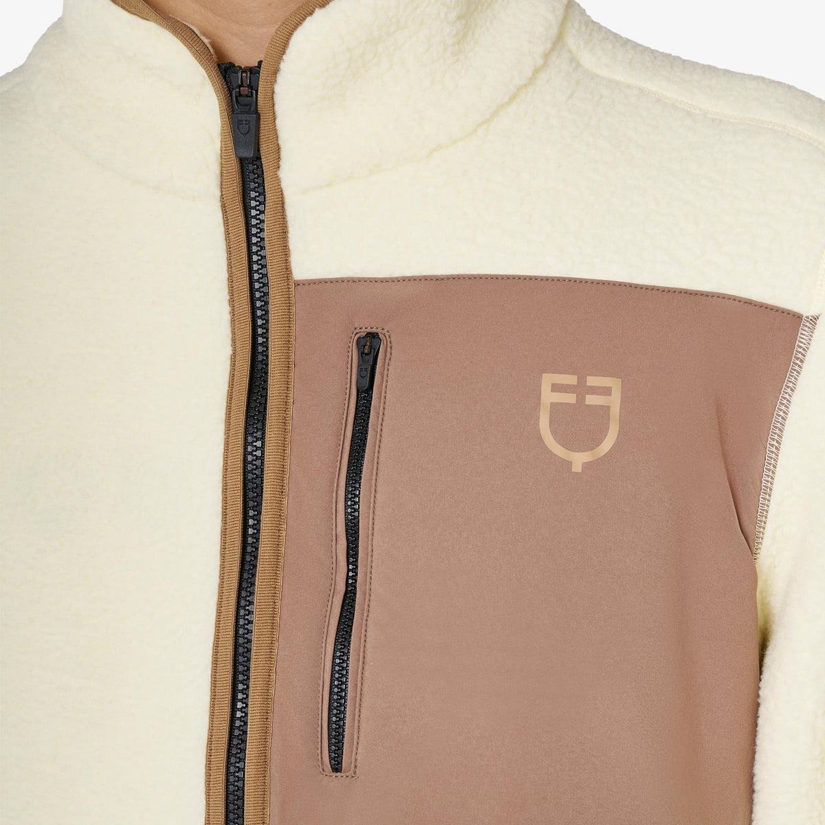Equestro Men's Teddy Fleece Zip Sweatshirt in Antique White chest pocket close up