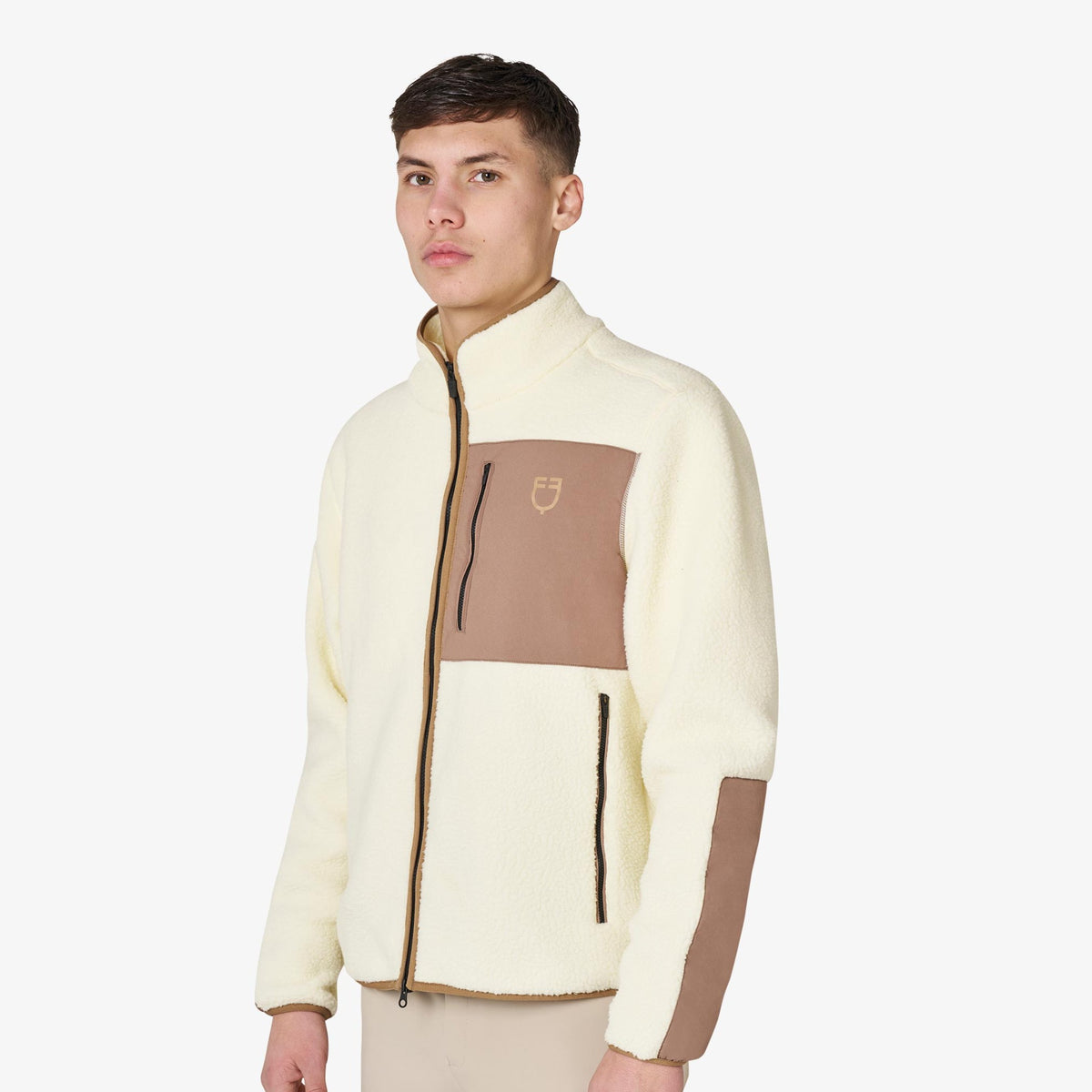 Equestro Men's Teddy Fleece Zip Sweatshirt in Antique White side view