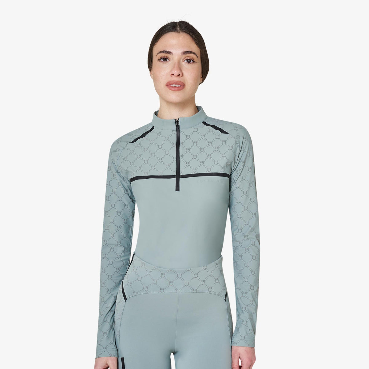 Equestro Women's Monogram Long Sleeve Training Polo in Slate Grey front view